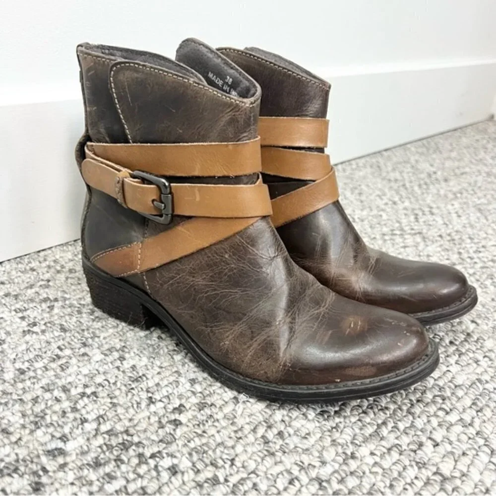 RUDSAK Montreal brown leather distressed buckle moto ankle boots 38